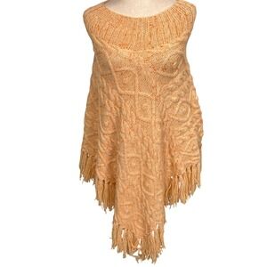 1970s Bespoke Poncho Womens OS Peach Cable Knit Fringe Zip Handmade Boho‎ VTG